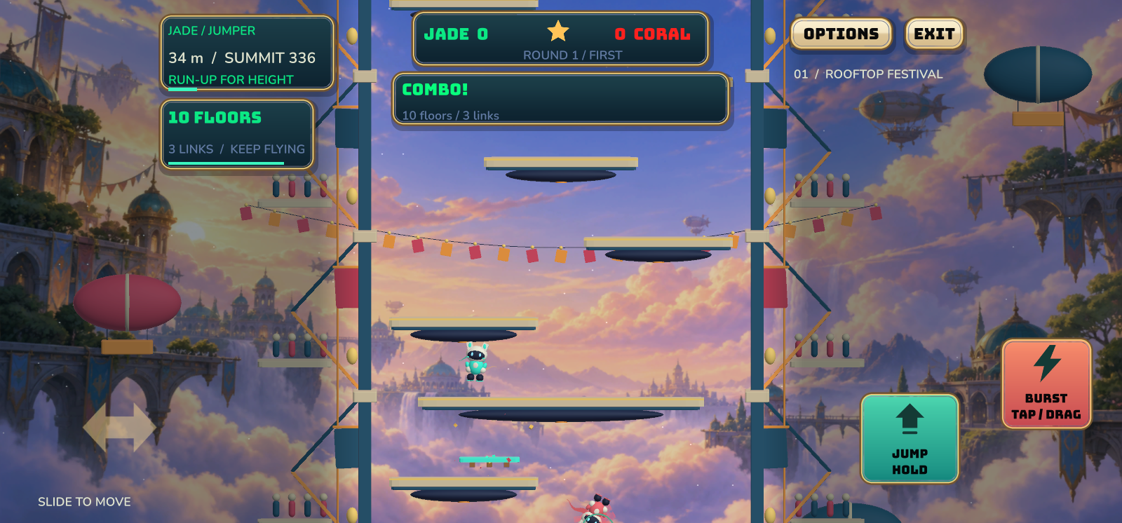 Actual Nattat gameplay: Jade and Coral cat jumpers climb the tower, with a combo counter and large touch controls.